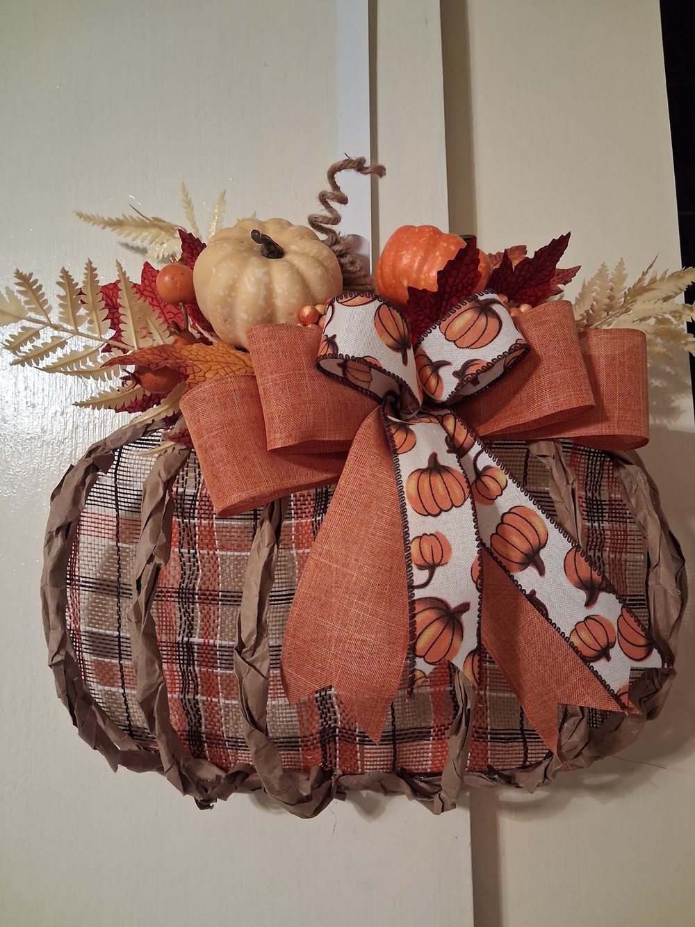 Autumn Pumpkin Wreath Accent with Orange Bow